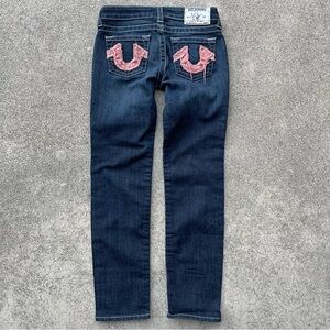 True Religion Skinny Jeans girls Sz 10 pink frayed logo preloved great condition